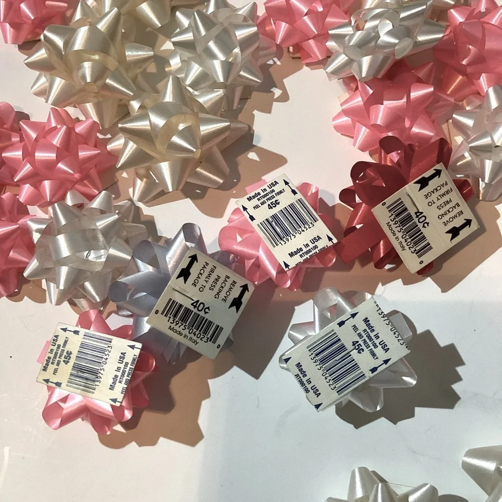 Bows& curling ribbon,🆕 self stick gift package small bows, mini silver & pink